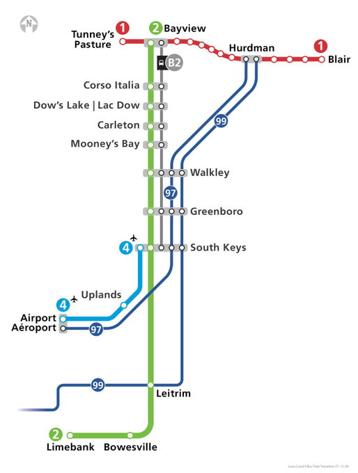 Plan des services d'autobus parallèles des Lignes 2 et 4.