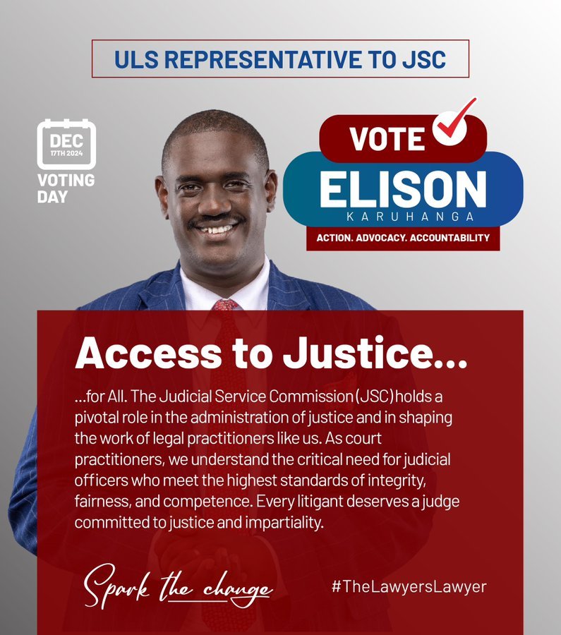 To all lawyers, please vote <a href="/elisonk/">Elison Karuhanga</a> as the ULS representative to JSC. He stands for Action, Advocacy and Accountability.  <a href="/FERDINANDIUS/">SON OF LOYOLA</a> <a href="/IsaacSsemakadde/">Isaac Ssemakadde</a>  <a href="/MaleMabiriziHKK/">MALE MABIRIZI Ug &East Africa RULE OF LAW CHAMPION</a> <a href="/TumusiimeKato/">Adv Tumusiime</a> <a href="/joshuabyamazima/">Owek. Byamazima Joshua</a> <a href="/hkashillingi/">Hussein Kashillingi</a> <a href="/HuduHussein/">Hudu Hussein</a> <a href="/regesa/">Egesa Ronald Leonard</a> <a href="/JCRugaya/">ℝ𝕦𝕘𝕒𝕪𝕒 Julius Caesar 🇺🇬🌍</a> <a href="/MarkRuhindi/">Mark Ruhindi</a> @bkab