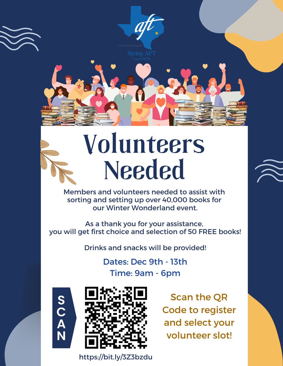 AftSpring's tweet image. The books are here—25 pallets worth!  

We’re getting ready and could use your help sorting and setting up.

Volunteer dates: Dec. 9th–13th | 9:00 AM–6:00 PM  

Sign up today bit.ly/3Z3bzdu to get started.  

#ReadingOpensTheWorld #TheAFT #SpringAFT #SpringISD #FirstBook