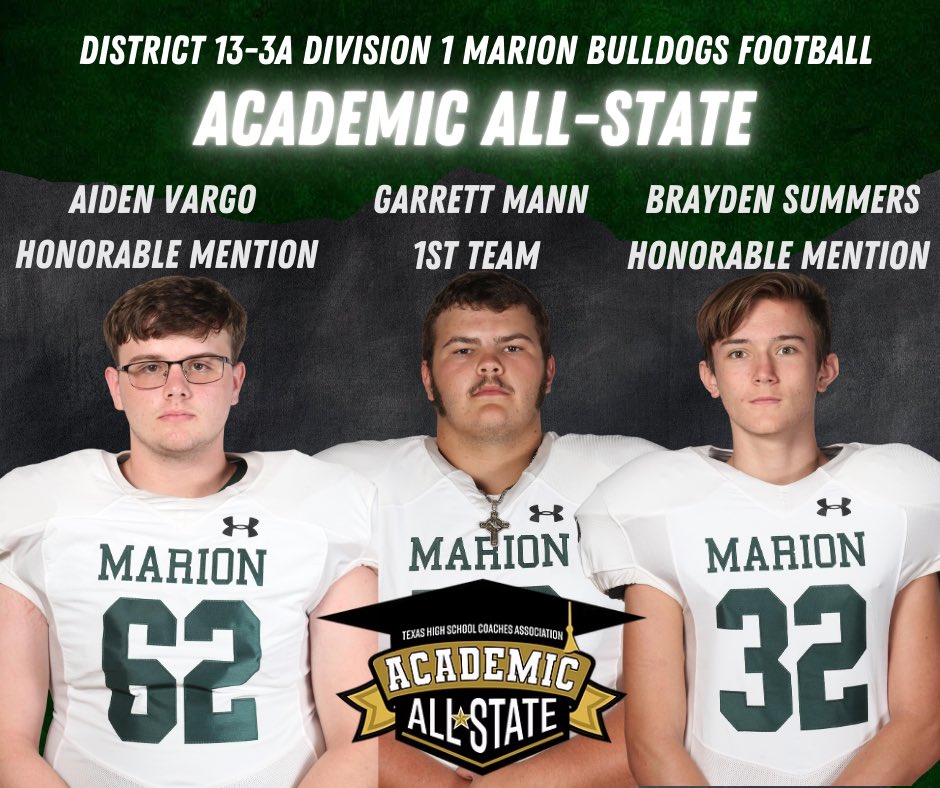 Marion Bulldog Athletics (@marion_bulldogs) on Twitter photo Congratulations to these seniors on being named to the THSCA football ACADEMIC ALL STATE list! #StudentAthlete 🎓<a href="/MarionTx_FB/">Marion Bulldog Football</a> <a href="/MarionHsTx/">Marion High School</a> <a href="/misdbulldogway/">Marion ISD</a> Congratulations to these seniors on being named to the THSCA football ACADEMIC ALL STATE list! #StudentAthlete 🎓<a href="/MarionTx_FB/">Marion Bulldog Football</a> <a href="/MarionHsTx/">Marion High School</a> <a href="/misdbulldogway/">Marion ISD</a>