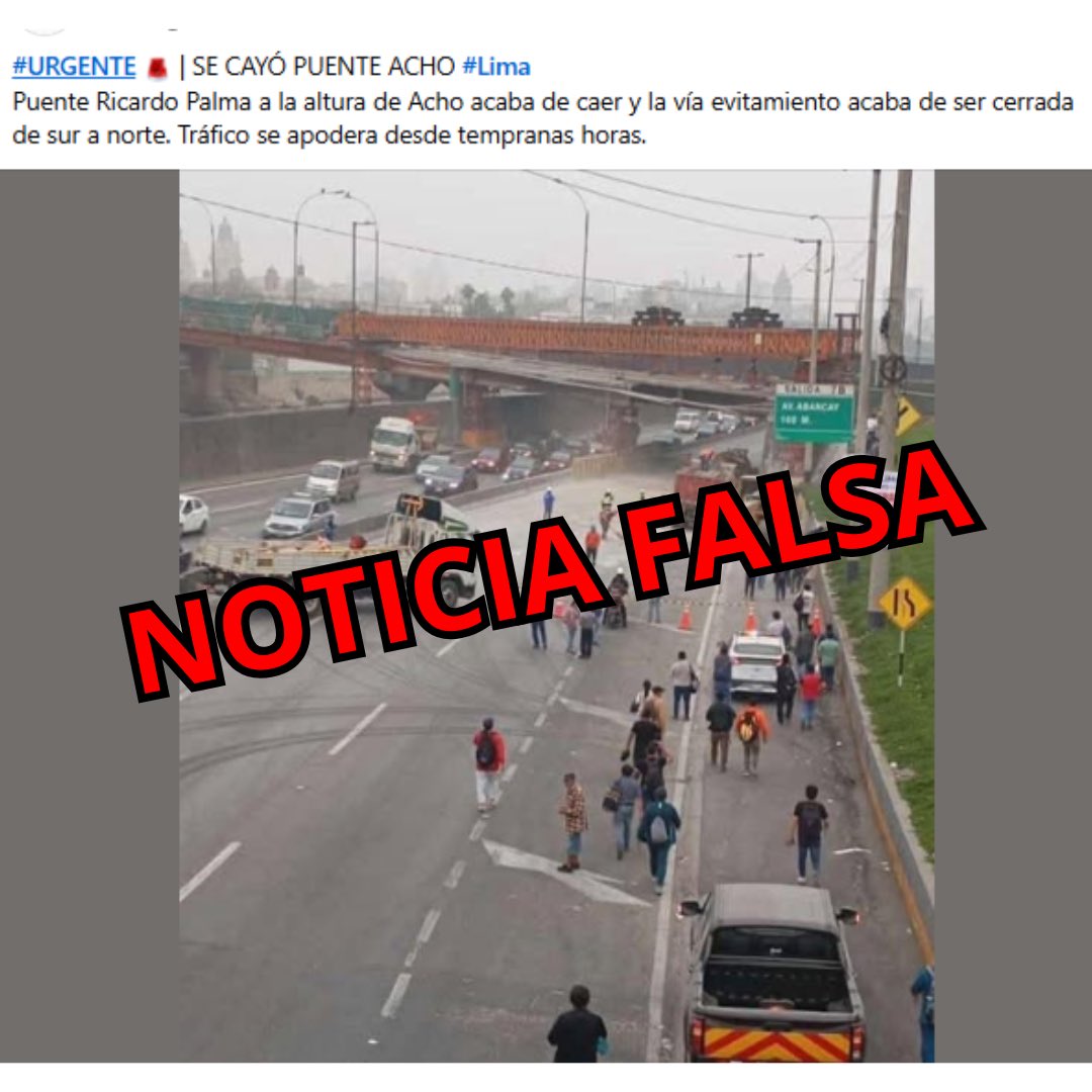 LimaExpresa's tweet photo. 🚨Noticia falsa 🚨
Ante la noticia falsa que está circulando en redes sociales sobre la presunta caída del puente Ricardo Palma y cierre de la #VíaDeEvitamiento, informamos: 
• La imagen corresponde al estado de los trabajos realizados por EMAPE que tuvieron lugar ayer desde las 11 p.m. hasta más de las 7 a.m. de hoy, y continuarán hasta el día lunes 09 de diciembre.
• Actualmente, la Vía de Evitamiento se encuentra operativa en ambos sentidos para tránsito de los clientes.
• Recomendamos estar atentos a nuestras comunicaciones oficiales a través de nuestras redes sociales y página web
