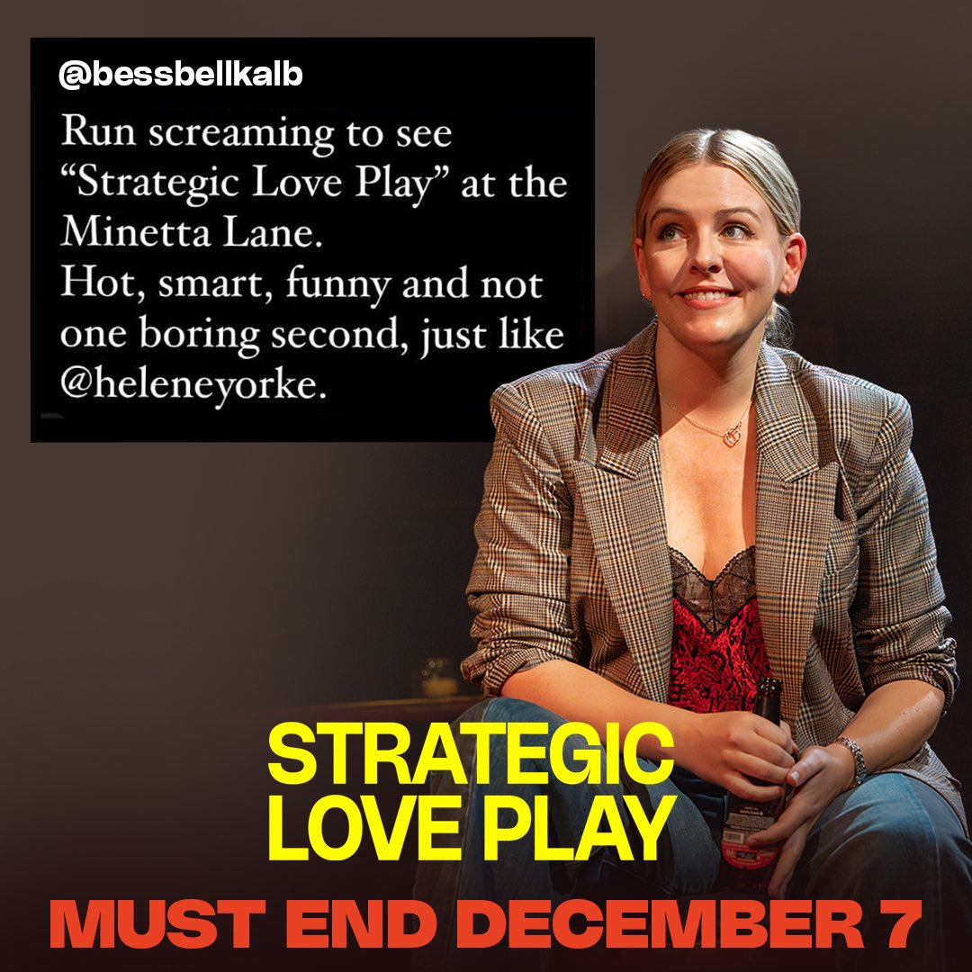 AudibleTheater's tweet photo. You only have 2 more chances to run screaming to see STRATEGIC LOVE PLAY at Audible’s Minetta Lane Theater! https://t.co/ojxVyrqzrb