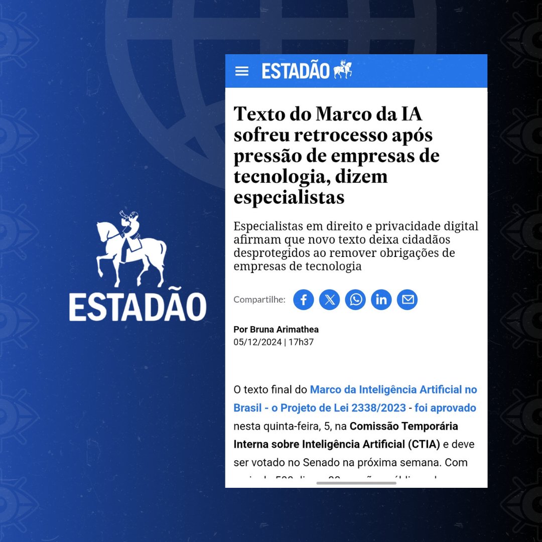🆕A pesquisadora Paula Guedes, ponto focal do GT de IA da <a href="/cdr_br/">Direitos na Rede</a> foi fonte de informação no <a href="/Estadao/">Estadão 🗞️</a> e  junto com os pesquisadores <a href="/doalfianas/">André Lucas Fernandes</a>, diretor do <a href="/institutoiprec/">IP.rec</a> e Alexandre Gonzales (<a href="/Diracom_/">Diracom - Direito à Comunicação e Democracia</a> ) concedeu entrevista para a <a href="/agenciabrasil/">Agência Brasil</a>. Vem ver:⤵️ #PL2338