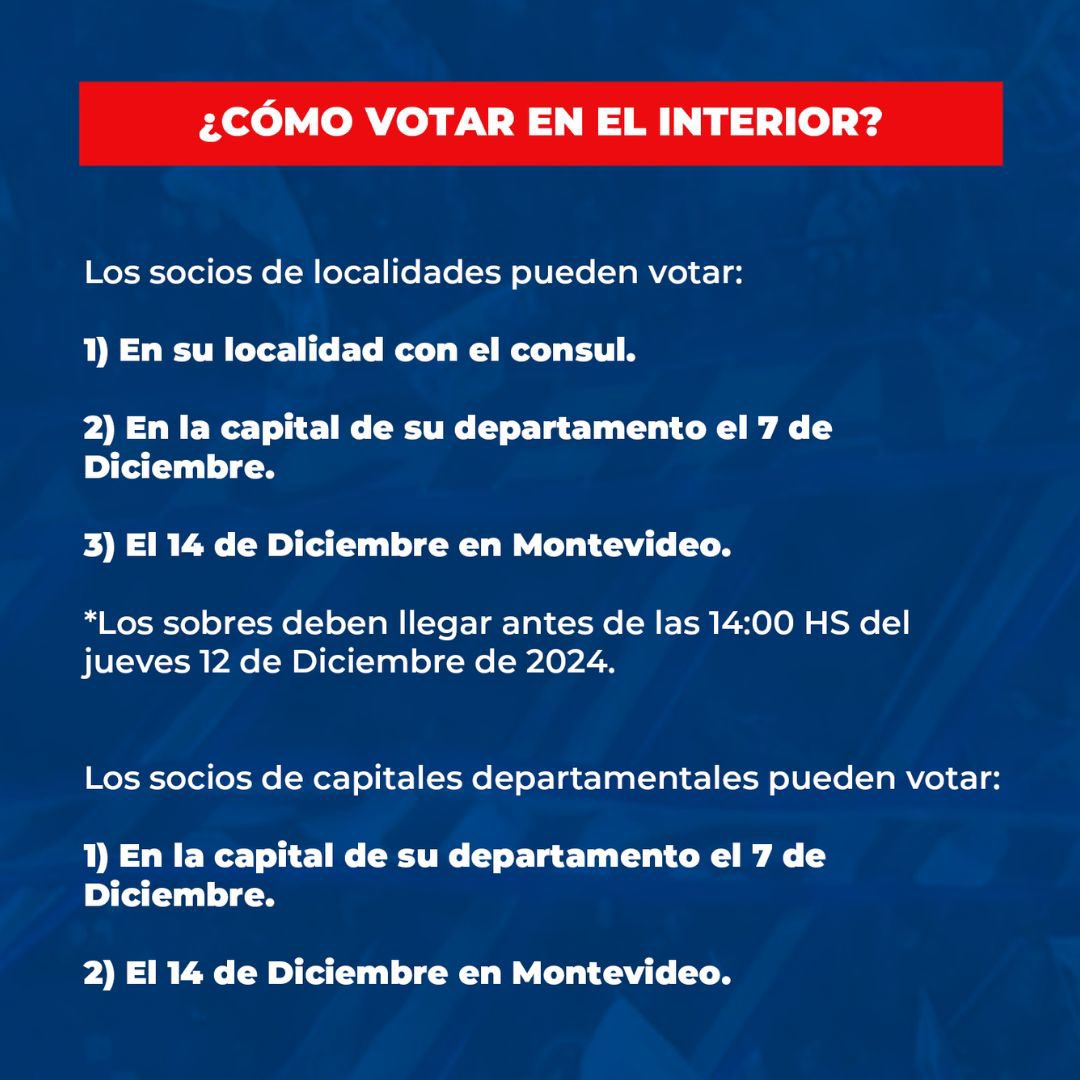 compromiso_1899's tweet photo. Mañana 7 de Diciembre es día de votación en el Interior del Uruguay 🔵⚪️🔴 Compartimos detalles importantes para los socios, así como también, el lugar de votación de cada localidad (horario de 9 a 19hs)

#EleccionesNacional2024 https://t.co/srlEvNnyig