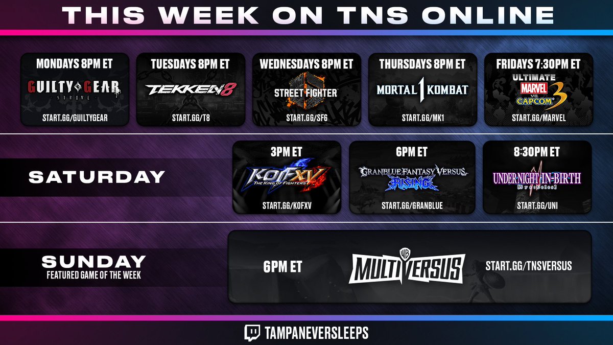 Don't forget to sign up for this Sunday's TNS MultiVersus event hosted by <a href="/TampaNeverSleep/">Tampa Never Sleeps</a>

- 1v1 Shields On
- Crossplay bracket
- $100 towards the Matcherino prize pool