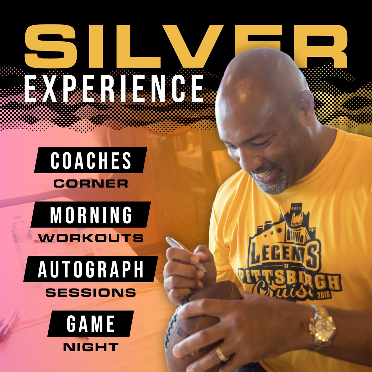 LegendsofPGH's tweet photo. Get closer to the action with the Silver Experience! 🏆 Enjoy autograph sessions, morning workouts with players, and exclusive events. Explore more here: https://t.co/VjtdCQjspb 
#SilverExperience #LegendsOfPittsburgh https://t.co/MIZZ3aqsI9