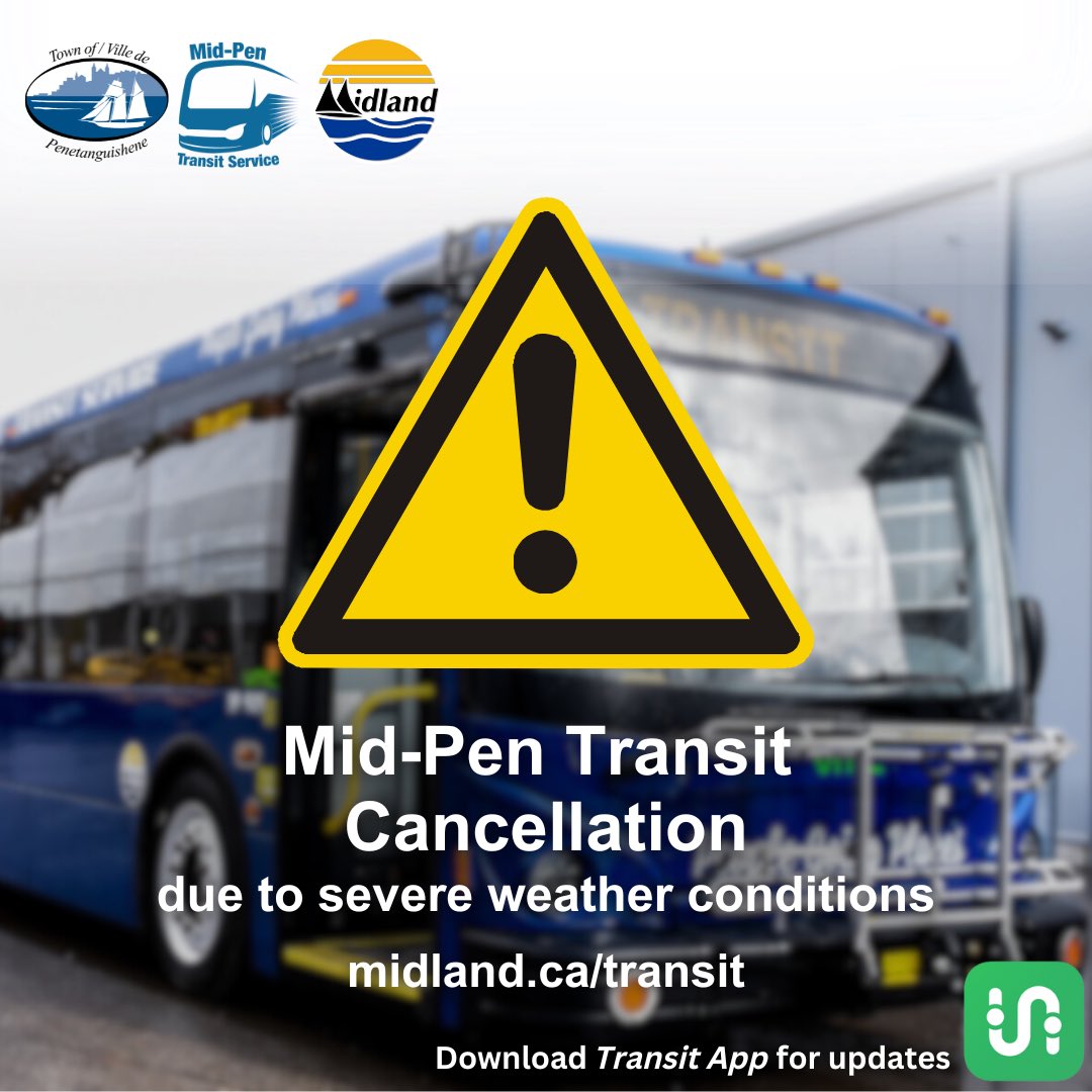 ⚠️Transit Cancellation⚠️ For the safety of riders, both Midland and Penetanguishene transit routes have been cancelled for the remainder of the day (Dec 6) due to severe weather conditions.
Get notices midland.ca/subscribe and select the “Transit Delays and Cancellations”. ‼️