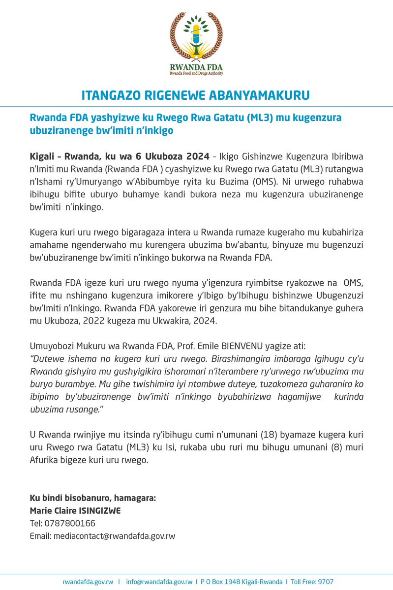 Rwanda Food and Drugs Authority (@rwandafda) on Twitter photo Rwanda FDA has attained <a href="/WHO/">World Health Organization (WHO)</a> Maturity Level 3 for the regulation of medicines and vaccines (non-producing).
Rwanda joins an elite group of 18 regulatory authorities worldwide and becoming one of the first 8 in Africa to reach this milestone.
Check the list here: Rwanda FDA has attained <a href="/WHO/">World Health Organization (WHO)</a> Maturity Level 3 for the regulation of medicines and vaccines (non-producing).
Rwanda joins an elite group of 18 regulatory authorities worldwide and becoming one of the first 8 in Africa to reach this milestone.
Check the list here:
