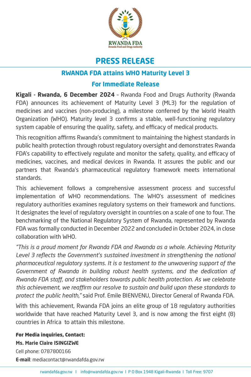 RwandaFDA's tweet image. Rwanda FDA has attained @WHO Maturity Level 3 for the regulation of medicines and vaccines (non-producing). 

Rwanda joins an elite group of 18 regulatory authorities worldwide and becoming one of the first 8 in Africa to reach this milestone. 

Check the list here:…
