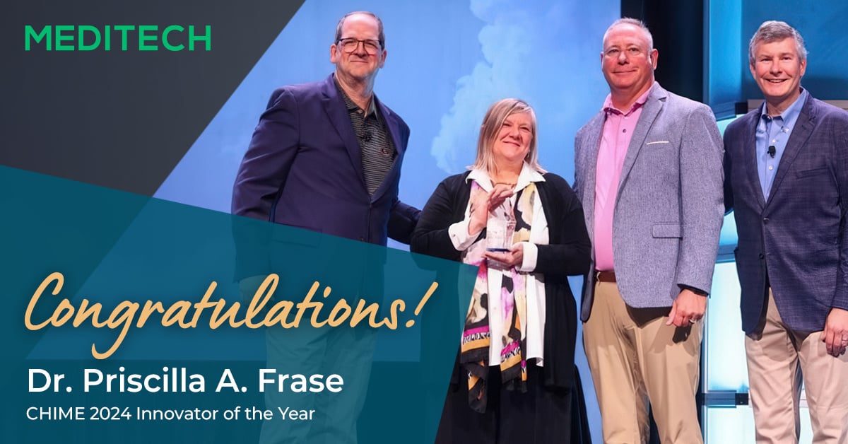 MEDITECH's tweet photo. CMIO Priscilla Frase, MD of Ozarks Healthcare @OZHCare was recently named CHIME’s Innovator of the Year! 🏆📣Read more about what she and her organization have achieved: https://t.co/y2h9RzfGi1
#CHIME #CMIO #Expanse @CIOCHIME https://t.co/nTwSRbuuQe