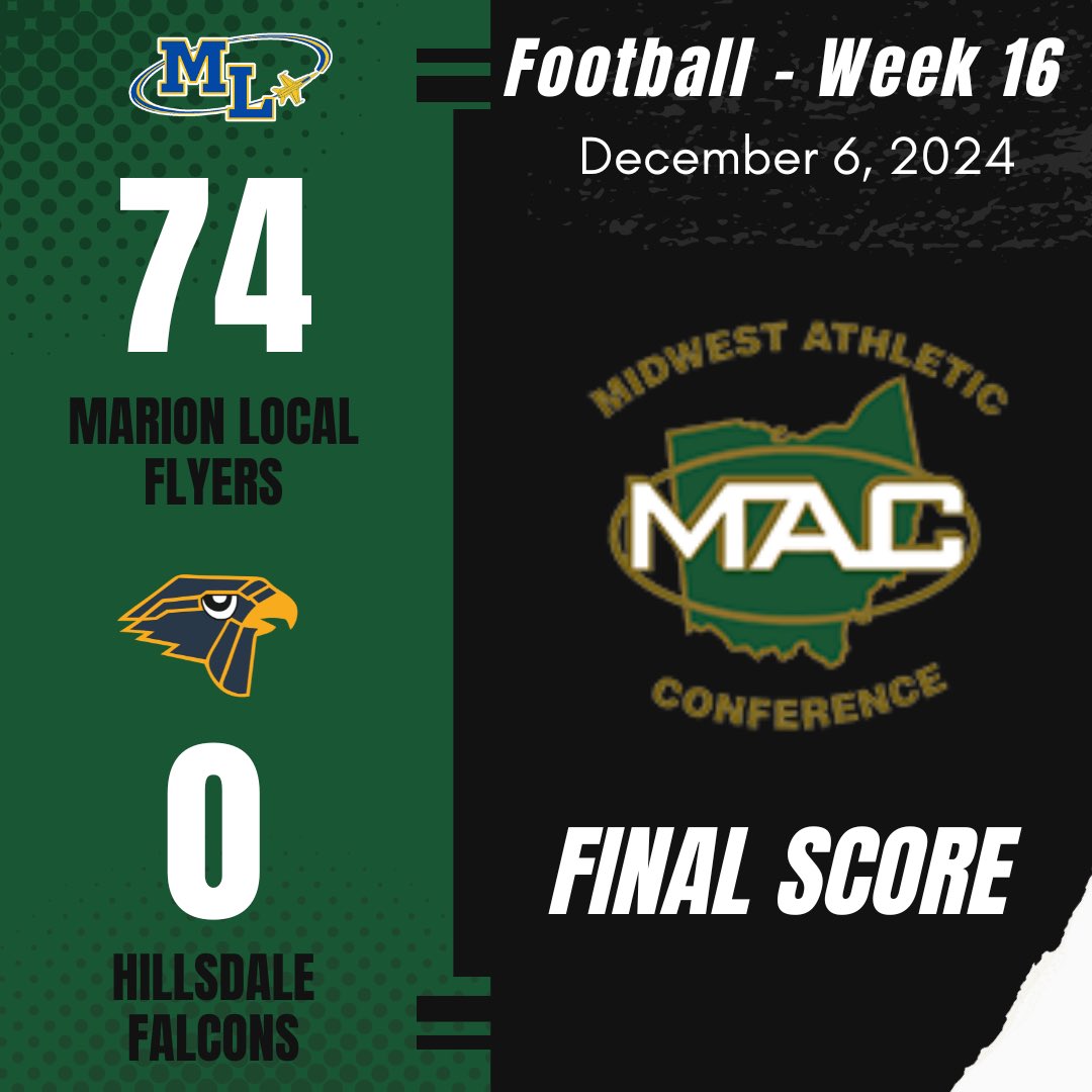 midwestathletic's tweet photo. Congratulations to Tim Goodwin, his staff, and the Marion Local Flyers on capturing the 2024 D7 State Football title.  It is the program’s 15th state football title and the MAC’s 43rd football title and 149th overall state title! https://t.co/RDFmBXAT6Z