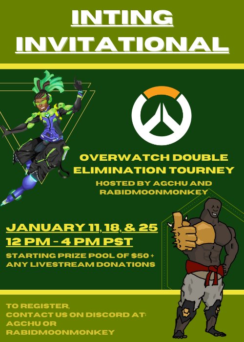 Chu11A's tweet photo. @rabidmoonmonkey and I will be hosting a 3 week Overwatch tournament in January! The top three teams are guaranteed a percentage of a prize pool starting at $50 plus any donations given during the stream! 

The link to register can be found here:
https://t.co/nFTo6YSRKW https://t.co/CylX4h3nmI