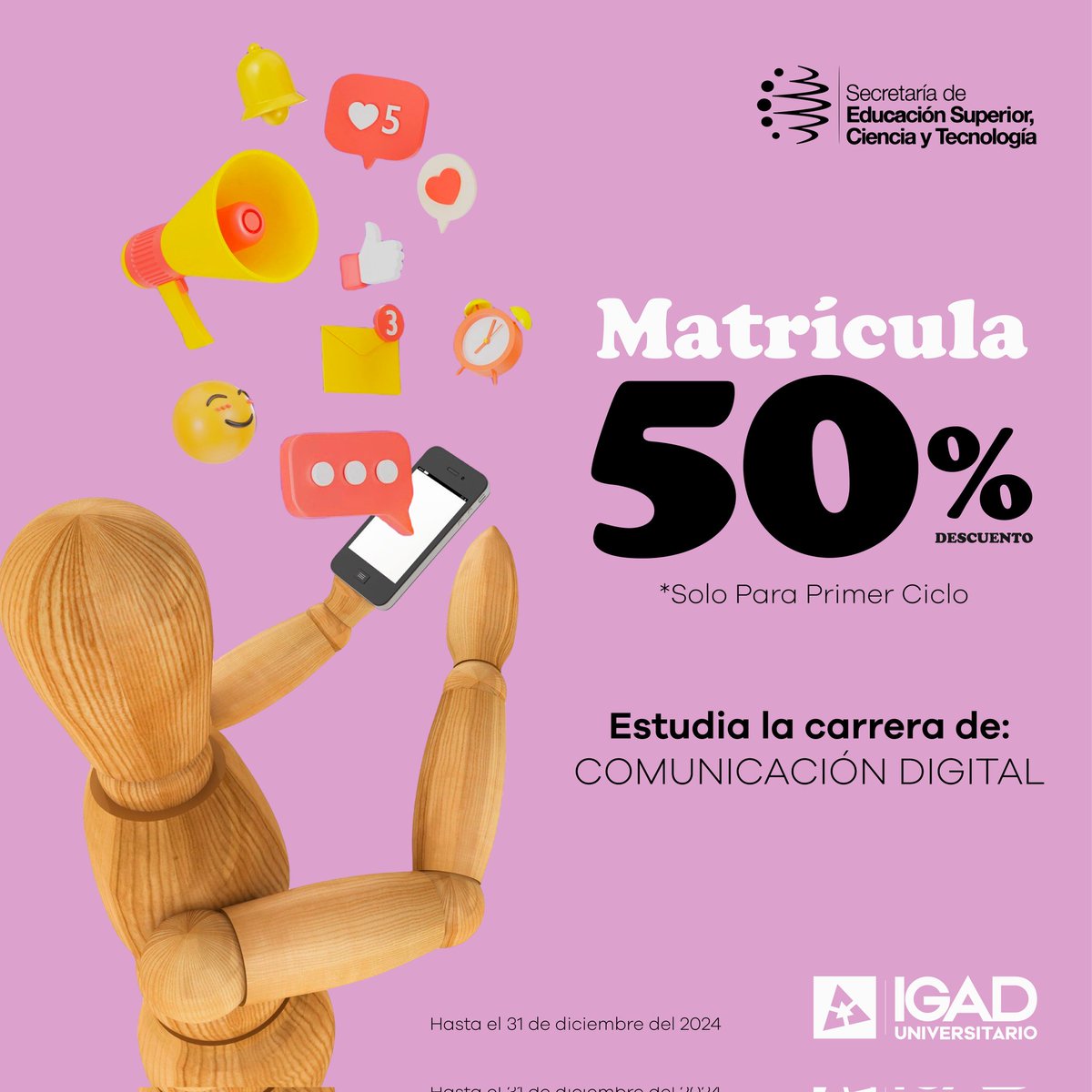 IGADec's tweet photo. Conviértete en un profesional con título de tercer nivel en tan sólo 2.5 años de estudio.
Estudia en modalidad intensiva (solo sábados) en cuotas de $89.
Ingresa pagando solo el 50% de la matrícula hasta el 31 de diciembre del 2024. Información:0990771322
#SoloEnIGAD #gye https://t.co/rxtyDhpBIu
