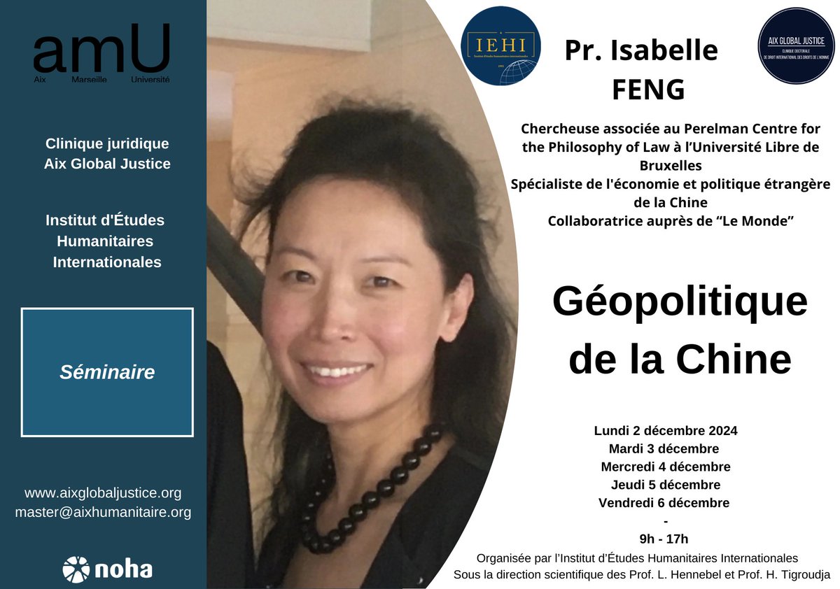 <a href="/AixHumanitaire/">Aix Humanitaire</a> et <a href="/AixLegalClinic/">Aix Global Justice</a> remercient chaleureusement Prof. Isabelle Feng, pour ses #séminaires, de la semaine, à partir de 9h, à la Faculté de droit d'Aix-Marseille Université.
Remercient également Mr. le Consul général Cheng-Hong SHEN. 

<a href="/LudoHennebel/">Ludovic Hennebel</a> <a href="/HeleneTigroudja/">Hélène Tigroudja</a>