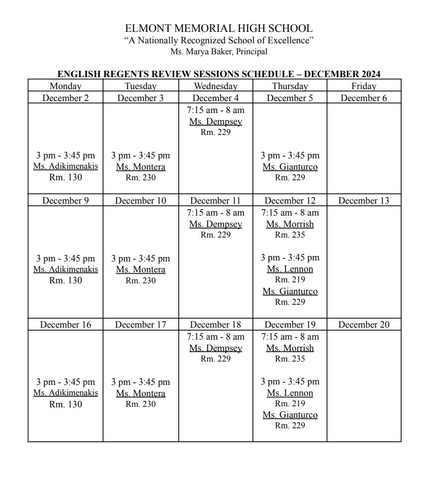 REVISED:   ENGLISH REGENTS REVIEW SESSIONS SCHEDULE – DECEMBER 2024