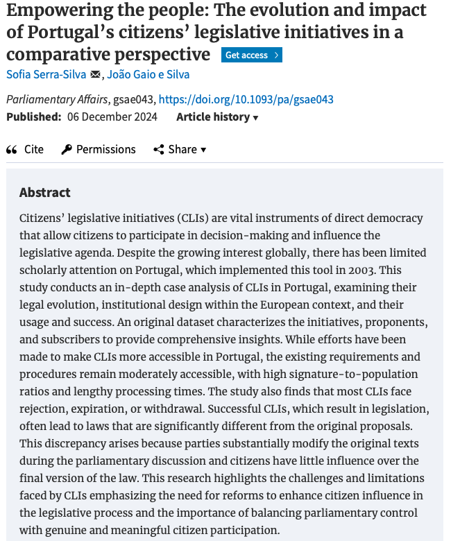 Sofia Serra-Silva (@serrasilvasofia) on Twitter photo New Publication 🥳
As participatory instruments gain increasing relevance, have you ever wondered about the role of Citizens’ Legislative Initiatives (CLIs)? <a href="/joao_gaiosilva/">João Gaio e Silva</a> and I explore this topic in our new article, just published by Parliamentary Affairs! 1/6 New Publication 🥳
As participatory instruments gain increasing relevance, have you ever wondered about the role of Citizens’ Legislative Initiatives (CLIs)? <a href="/joao_gaiosilva/">João Gaio e Silva</a> and I explore this topic in our new article, just published by Parliamentary Affairs! 1/6