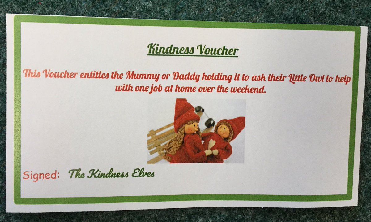 Day 5 - Kindness Elves’ Challenge of the day: Little Owls received a special voucher in their drawers this morning to give to their grown ups at home. They encouraged the children to help out at home over the weekend. 🧸🧹🧼 #MonktonKindergarten