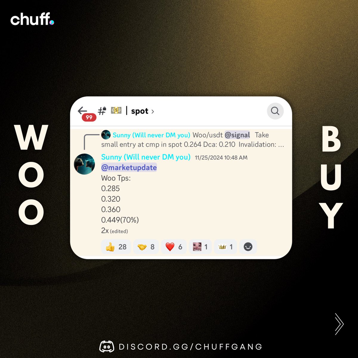 thechuffgang's tweet image. Another One, WOO / USDT Call was Given in our PREMIUM, Target 3 Killed 🎯 40% Up 💰

Premium Entries are Closed Currently, Will be reopening by 25th December

🔗 Free group link in our bio.

.
.
.
.
#thechuffgang #chuff #btc #crypto #cryptomemes
#investors #stockmarket #trending