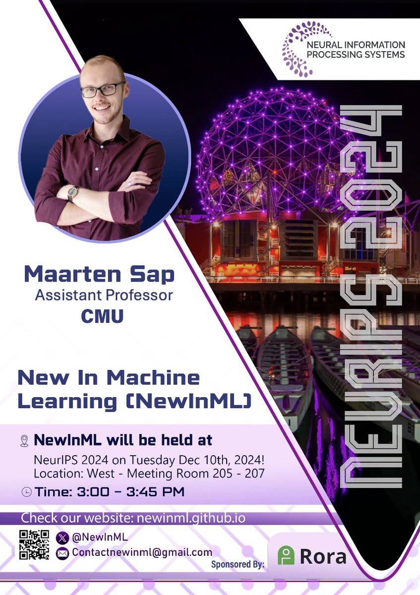NewInML's tweet image. The second speaker at #NewInML newinml.github.io will be @MaartenSap He will discuss about “Artificial Social Intelligence? On the challenges of Socially Aware and Ethically informed LLMs”.
Join us at West Meeting Room: 205-207 from 3 PM on Dec 10! #NeurIPS2024