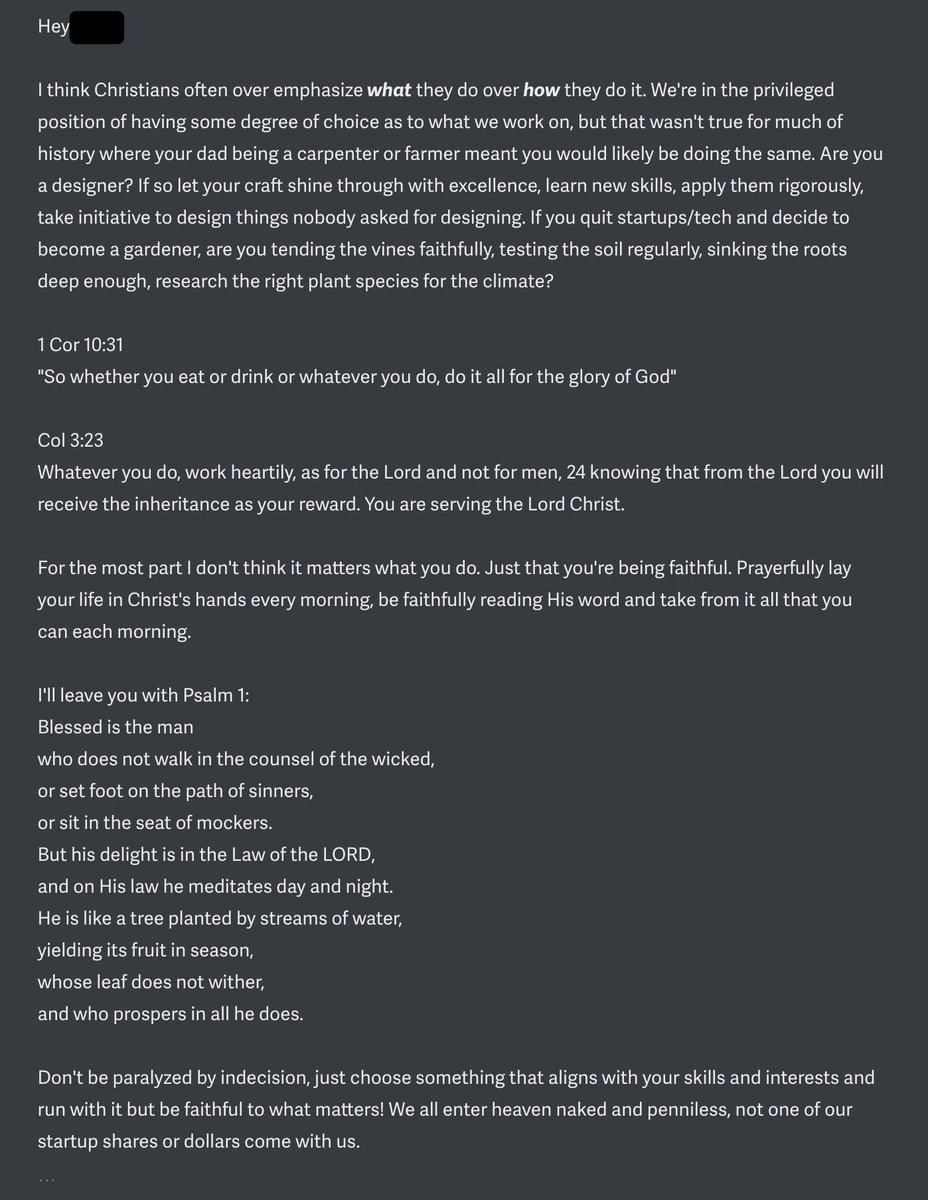 An email I just sent a Christian USC student who reached out trying to figure out what to do next with their life/career, may be helpful to others.