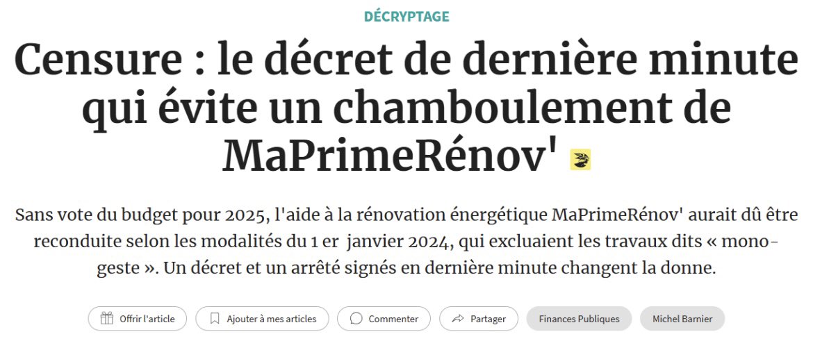 reponcapeb's tweet photo. ✅Arracher la publication d’un décret quelques  heures avant que le gouvernement ne tombe, la CAPEB l’a fait ! 

Un décret très important de surcroît puisqu’il permet le prolongement en 2025 des mesures de simplification du parfois par geste de #MaPrimeRenov’.  

Il s’agit d’une victoire majeure obtenue après de longs mois de combat qui va permettre de donner aux entreprises artisanales du bâtiment de la visibilité pour leur activité et d’accélérer la réalisation les travaux de rénovations énergétiques. 

Cette victoire est un premier pas significatif. Elle doit s’accompagner d’une traduction réglementaire et législative des mesures concrètes et pragmatiques que nous portons pour créer les conditions d’une relance dont les entreprises artisanales du bâtiment ont besoin pour continuer à relever les défis qui dépendent de leur activité.

➡️Nous demandons la nomination d’un Premier ministre et d’un gouvernement au plus vite et un #PLF 2025 qui respecte les entreprises artisanales du bâtiment.