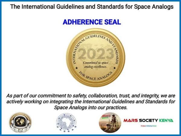 The #IGSA Adherence Seal has been awarded to <a href="/marssocietyke/">Mars Kenya</a> by the IGSA Board Members as part of our commitment to safety, collaboration, trust, and integrity, in integrating the International Guidelines and Standards for Space Analogs into our practice; lnkd.in/giXzBjC7