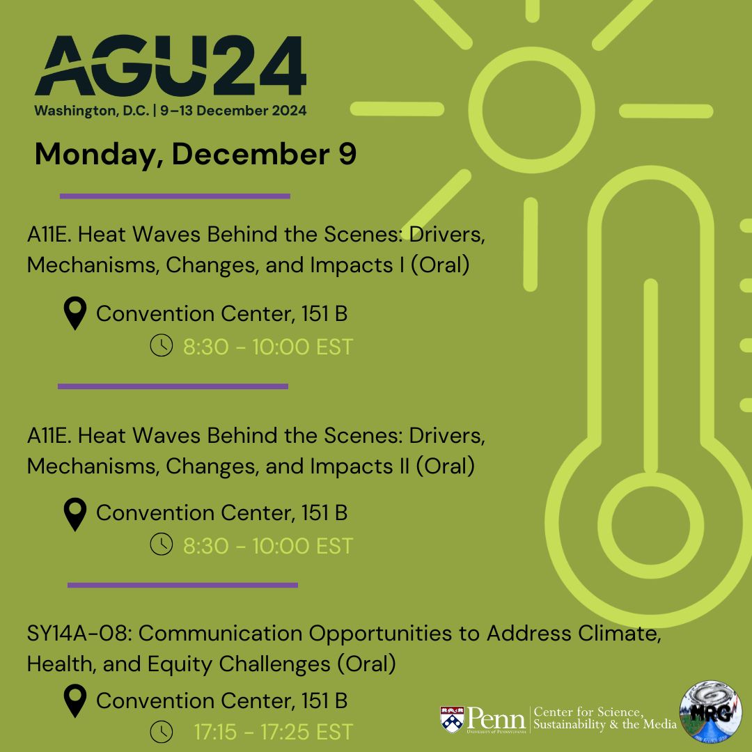 Happy Friday! Not sure where to start your Monday at #AGU2024?  

Check out these MRG and <a href="/PennCSSM/">PennCSSM</a> events! Starting  with our 8:30am session Heat Waves Behind the Scenes: Drivers, Mechanisms, Changes and Impacts chaired by <a href="/MichaelEMann/">Prof Michael E. Mann</a>, <a href="/xueke_li/">Xueke Li</a>
and @MichaelFWehner