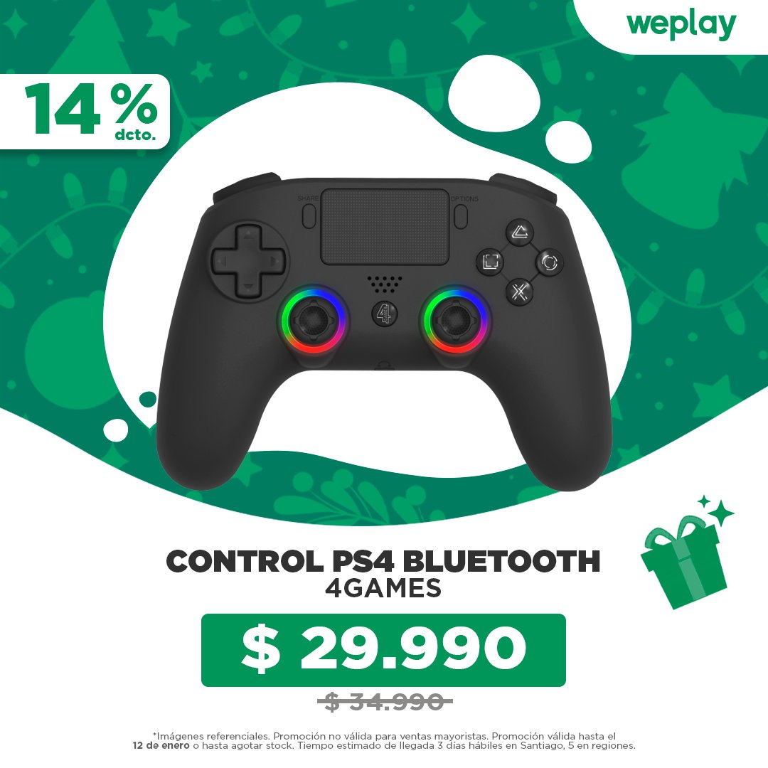 weplaystore_cl's tweet photo. 🎮✨ ¡Vive la experiencia gamer definitiva! Consigue el control Bluetooth #4games, compatible con #PS4, #Android, #PC e #iOS, con hasta un 25 % de descuento por Navidad. 🎅🎁 ¡No te quedes sin el tuyo! Disponible en web https://t.co/9YowMWcdUF y tiendas físicas #WeplayStore https://t.co/xzKcFiiVWs