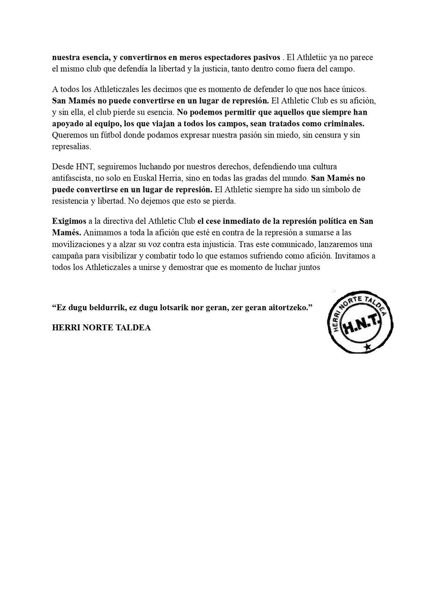 COMUNICADO OFICIAL DE HERRI NORTE TALDEA