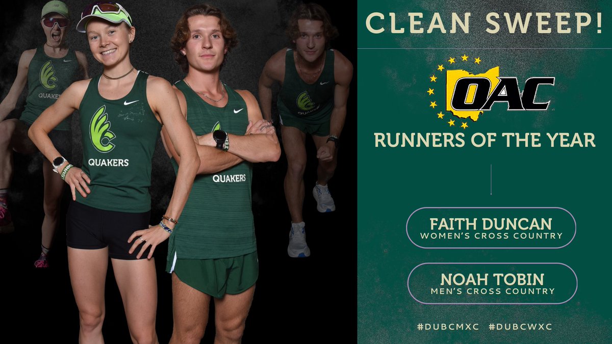 DubCQuakers's tweet photo. 🎉 THIS JUST IN 🎉 FIRST TIME IN WILMINGTON HISTORY 🎉

Faith Duncan and Noah Tobin are your OAC XC Runners of the Year!

Duncan is the first Wilmington woman to win and Tobin gets Wilmington's second straight (and ever) men's nod.

#wearedubc #dubcxc #experiencewilmingtoncollege https://t.co/RrREo8OTLk