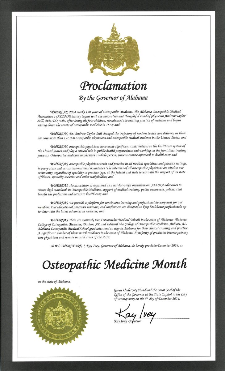 December 2024 is Osteopathic Medicine Month in the state of Alabama. Thank you, Governor Kay Ivey for recognizing the excellence in our profession as we celebrate 150 years. 

<a href="/kayiveyforgov/">Kay Ivey</a> 
 #DOProud150years #DOProud