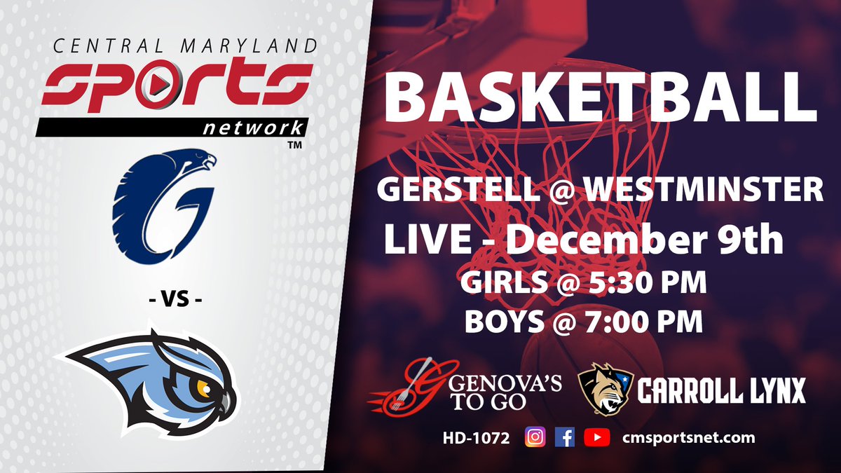 Watch #CMSportsNet's LIVE high school basketball coverage.  Gerstell @ Westminster, December 9th.  Girls @ 5:30 - Boys @ 7:00  bit.ly/CMSPORTSNET <a href="/WhsOwlsAB/">WHS Owls Athletic Boosters</a> <a href="/GerstellWbb/">Gerstell Falcons WBB</a> <a href="/CCPSk12/">Carroll County PS</a>