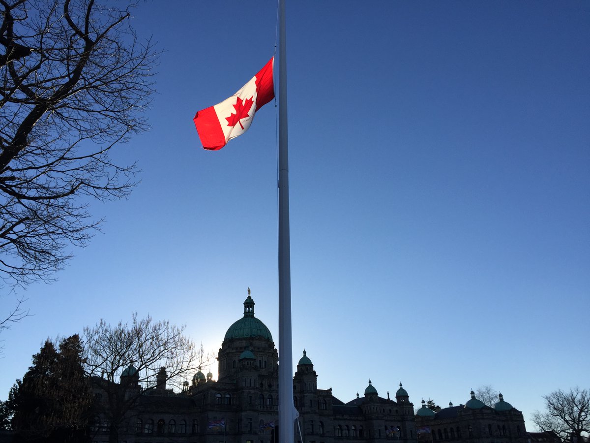 BCLegislature's tweet photo. Over 30 years ago, 14 young women were murdered at Polytechnique Montréal. The #BCLeg Canadian flag is flying at half-mast today to mark the National Day of Remembrance and Action on Violence Against Women. #OurActionsMatter #RememberThe14 #December6 #Polytechnique https://t.co/KmRYmNardM