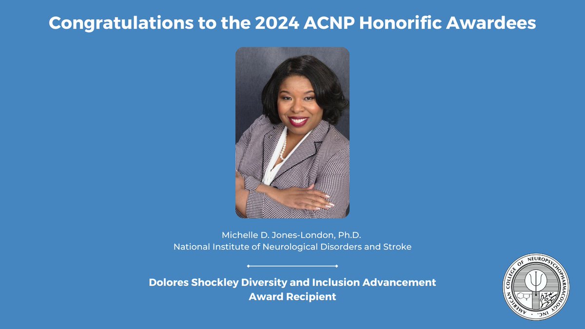 ACNP (@acnporg) on Twitter photo Congratulations to Michelle D. Jones-London, Ph.D., for being awarded the Dolores Shockley Diversity and Inclusion Advancement Award! #ACNP2024
1/2 Congratulations to Michelle D. Jones-London, Ph.D., for being awarded the Dolores Shockley Diversity and Inclusion Advancement Award! #ACNP2024
1/2