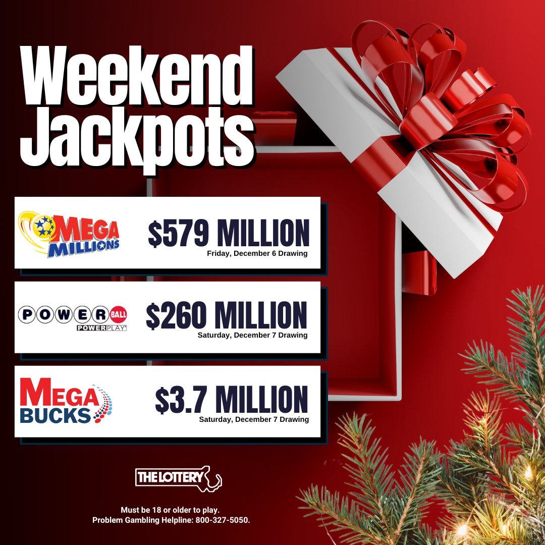 MAStateLottery's tweet photo. ๐ Visit your local Lottery retailer and treat yourself to weekend jackpots!
#MegaMillions #Powerball #Megabucks #Jackpots
#MassLottery
#StateOfWinning https://t.co/bXT0zWjG3a