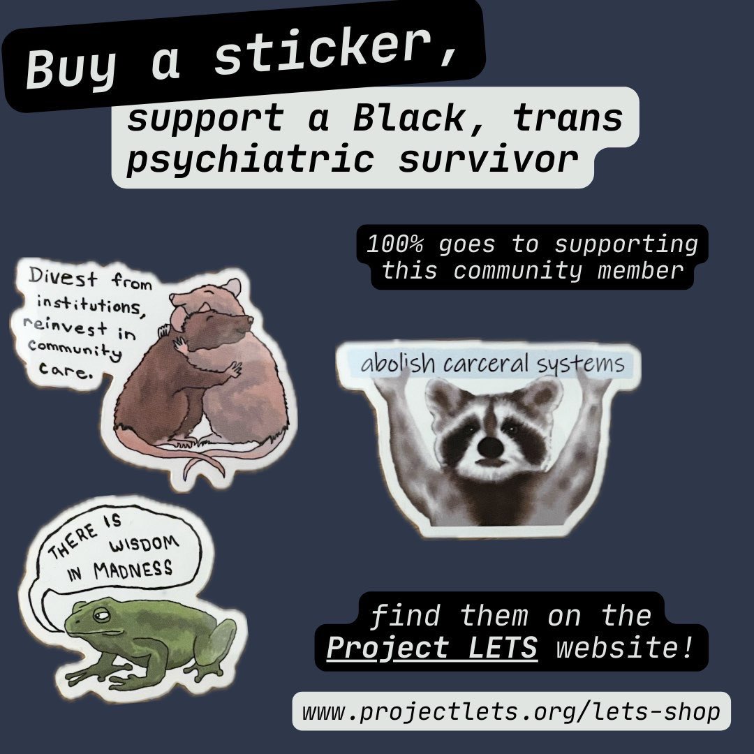 stefkaufman's tweet image. Support our anti-carceral care sticker fundraiser via @projectlets for a Black, trans psychiatric survivor ✨ 100% goes to supporting this community member. 

Find them on our website at projectlets.org/lets-shop

$5 each! 🔥
