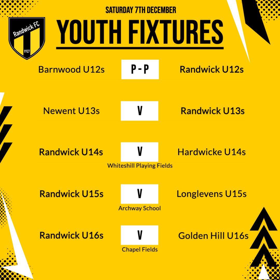 Randwick FC (@randwickfc) on Twitter photo Fixtures ⬇️
🟡Firsts host <a href="/HardwickeAFC/">Hardwicke AFC</a> Reserves
⚫️Reserves host AFC Renegades
Both followed by the Christmas Walk of Doom, starting at The Vine Tree 🍻
🟡U13s vs Newent & Gorsley (A)
⚫️U14s vs <a href="/HardwickeAFC/">Hardwicke AFC</a> (H)
🟡U15s vs <a href="/longlevensafc/">Longlevens AFC</a> (H)
⚫️U16s vs Golden Hill (H) Fixtures ⬇️
🟡Firsts host <a href="/HardwickeAFC/">Hardwicke AFC</a> Reserves
⚫️Reserves host AFC Renegades
Both followed by the Christmas Walk of Doom, starting at The Vine Tree 🍻
🟡U13s vs Newent & Gorsley (A)
⚫️U14s vs <a href="/HardwickeAFC/">Hardwicke AFC</a> (H)
🟡U15s vs <a href="/longlevensafc/">Longlevens AFC</a> (H)
⚫️U16s vs Golden Hill (H)