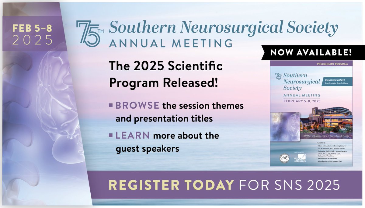 Southern Neurosurgical Society (@southernneuro) on Twitter photo Announcing The Full SNS 2025 Scientific Program! Dive in and learn about the SNS Annual Meeting’s speakers, lectures, and accepted abstracts. Thank you, Spiros Blackburn & <a href="/StephenPirrisMD/">Stephen Pirris</a> for developing an excellent program. View it here: southernneurosurgery.org/program #SNS2025 Announcing The Full SNS 2025 Scientific Program! Dive in and learn about the SNS Annual Meeting’s speakers, lectures, and accepted abstracts. Thank you, Spiros Blackburn & <a href="/StephenPirrisMD/">Stephen Pirris</a> for developing an excellent program. View it here: southernneurosurgery.org/program #SNS2025