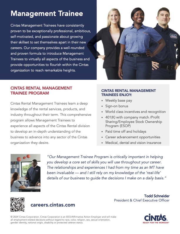 ISU_SNC's tweet photo. Cintas is looking for young inspiring students to jump into their management trainee position. You’ll learn a deep knowledge of the rental services, products, and industry throughout your term.  If you’re interested scan the QR code in the bottom left corner to learn more! https://t.co/D38kpOeVbH