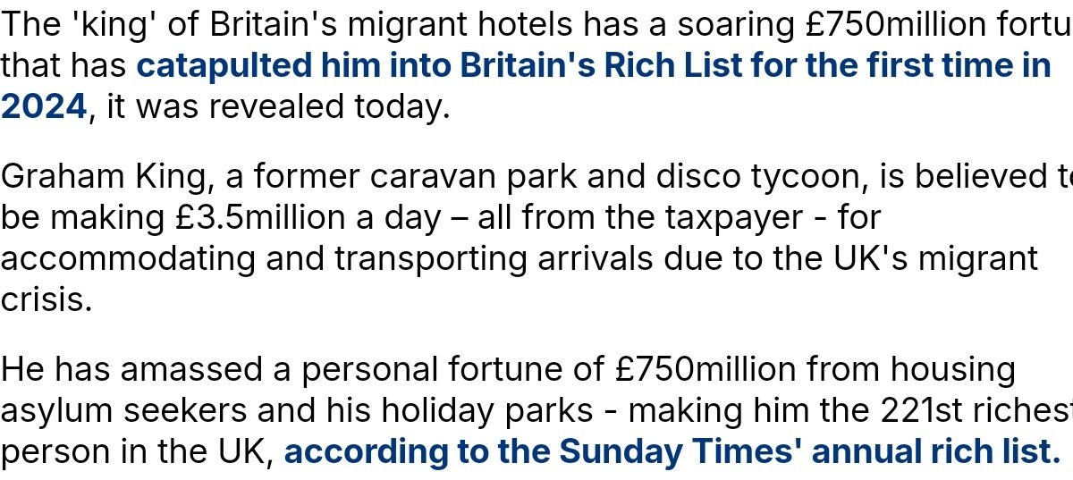 <a href="/RupertLowe10/">Rupert Lowe MP</a> Re Immigration
When just one man can make over £750million legally for his part in housing the supply chain of illegals and find himself on the Times rich list, do you think he wants Kier to 'smash the gangs?'
Imagine how much money there is in this continuing for the chosen few