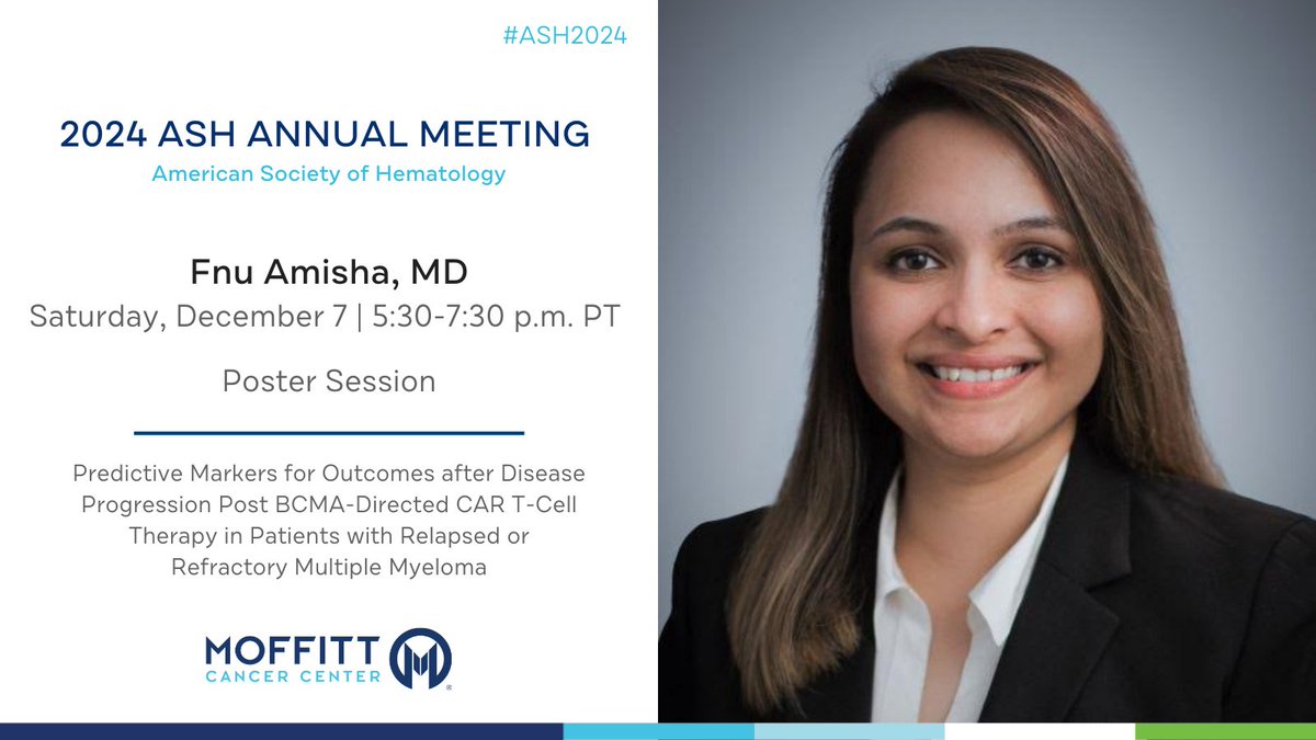 At #ASH24, Fnu Amisha, MD (<a href="/amishagupta2012/">Amisha Gupta</a>) presents predictive markers for outcomes after disease progression post BCMA-directed CAR T-cell therapy in patients with relapsed or refractory multiple myeloma.

Learn more: bit.ly/3CUTJlf
<a href="/ASH_hematology/">ASH</a> #MoffittASH24