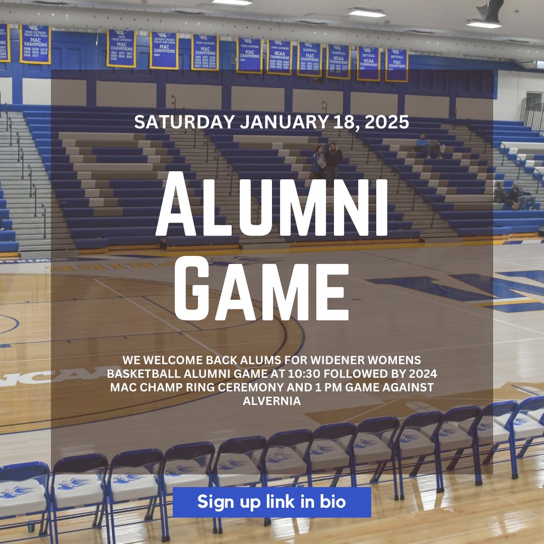 Calling all Widener Women's Basketball Alumni... Join us on Saturday January 18th for the Widener Women's Basketball Alumni Game at 10:30 AM, MAC 2024 Ring Ceremony, and game against Alvernia at 1 PM. Please sign up using the link below or in bio! #GoPride
surl.li/tycwds