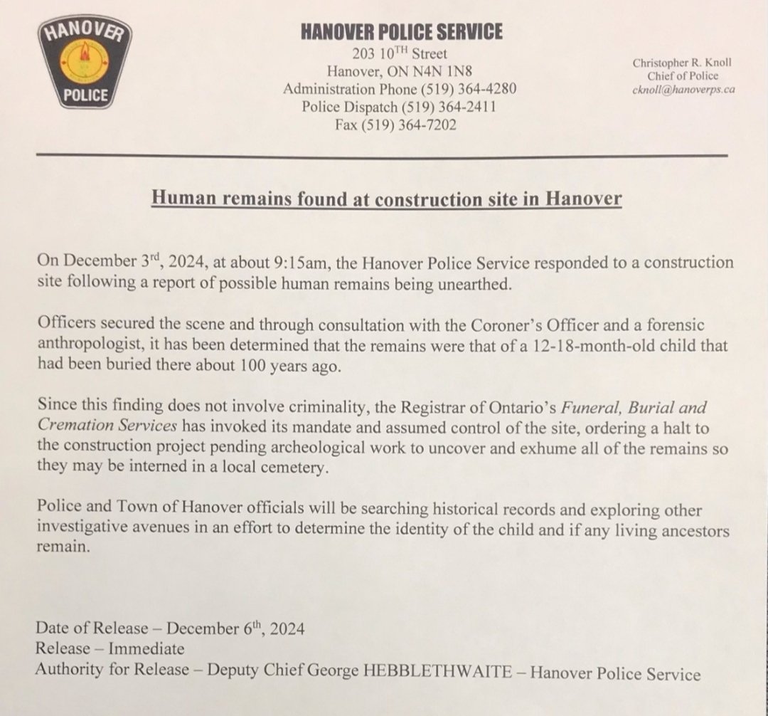 HPS - Press Release. Construction crews unearthed human remains at a site in Hanover earlier this week. The investigation determined that the remains were put to rest 100+ years ago.