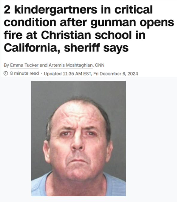 Two kindergartens were gravely wounded and not a peep from MAGA, Christians, the pro-life crowd, or our President-elect. Nothing. Silence.

Because the shooter wasn't an immigrant. He wasn't a minority. He wasn't gay. He wasn't trans. 

He was a white American male. As usual.