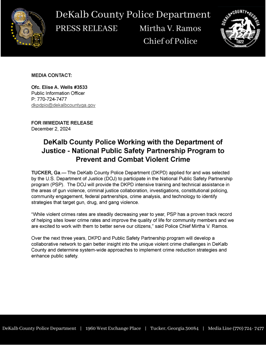 DeKalb County Police Working with the Department of Justice - National Public Safety Partnership Program to Prevent and Combat Violent Crime