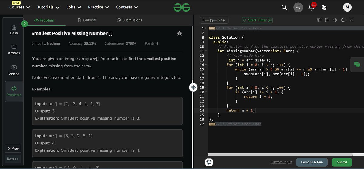 Monikanchan13's tweet photo. ✅ Day 14 of #geekstreak2024 completed!
Solved the "Smallest Positive Missing Number" problem on @geeksforgeeks. 🖥️
Excited to continue this streak and improve my coding skills! 🎯
Let's keep going! 🚀 #GFG160 https://t.co/Hvt4jqeRXu