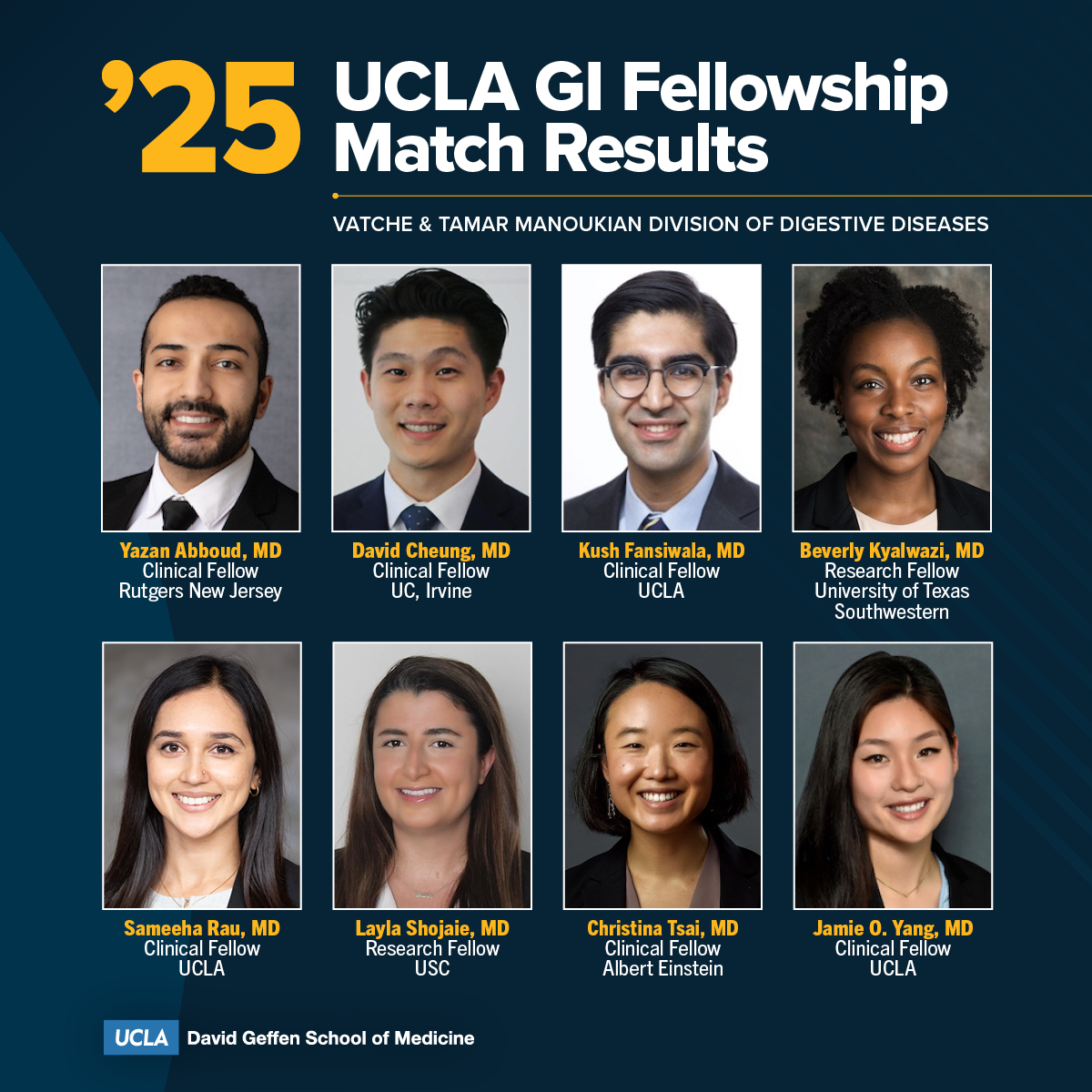 UCLA Gastroenterology and Hepatology (@uclagihep) on Twitter photo 💥Meet the #UCLAGI '25 fellows! Get ready for a life-changing journey of mentorship, encouragement & friendship w/<a href="/LinChangMD/">Lin Chang</a> <a href="/esrailian/">Eric Esrailian</a> & our faculty!
🌟<a href="/YazanAbboudMD/">Yazan Abboud, M.D.</a>
🌟David Cheung
🌟<a href="/KushFansiwalaMD/">Kush Fansiwala, MD</a>
🌟<a href="/bkyalwazi/">Beverly Kyalwazi</a>
🌟<a href="/sameeharau/">Sameeha Rau</a>
🌟Layla Shojaie
🌟Christina Tsai
🌟<a href="/JamieYangMD/">Jamie O. Yang, MD</a> 💥Meet the #UCLAGI '25 fellows! Get ready for a life-changing journey of mentorship, encouragement & friendship w/<a href="/LinChangMD/">Lin Chang</a> <a href="/esrailian/">Eric Esrailian</a> & our faculty!
🌟<a href="/YazanAbboudMD/">Yazan Abboud, M.D.</a>
🌟David Cheung
🌟<a href="/KushFansiwalaMD/">Kush Fansiwala, MD</a>
🌟<a href="/bkyalwazi/">Beverly Kyalwazi</a>
🌟<a href="/sameeharau/">Sameeha Rau</a>
🌟Layla Shojaie
🌟Christina Tsai
🌟<a href="/JamieYangMD/">Jamie O. Yang, MD</a>