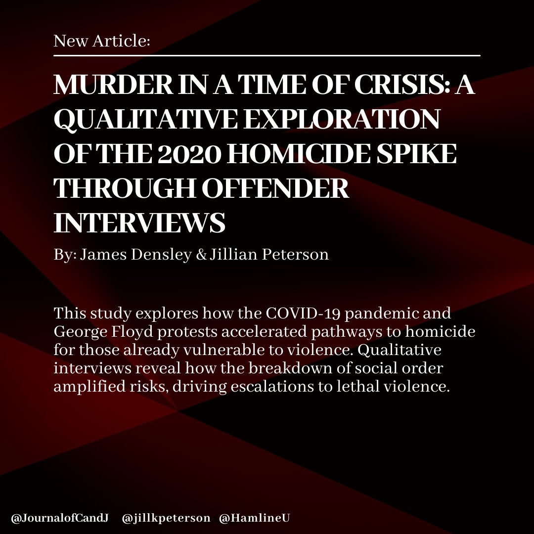 For rapid communication! 

How did COVID-19 and the death of George Floyd impact violence, especially homicides?

Read the full article at the Journal of Crime and Justice: tinyurl.com/34ffr2xn