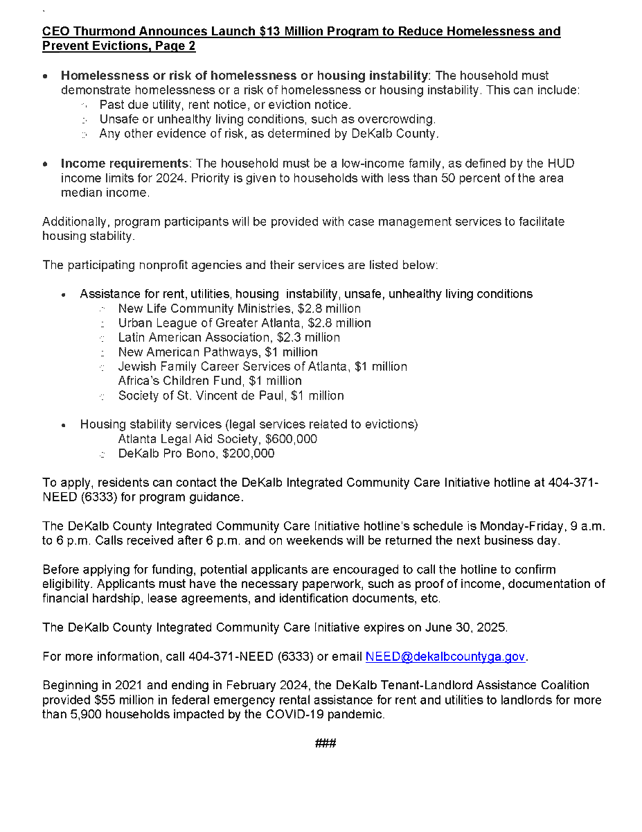 CEO Thurmond Announces Launch of $13 Million Program to Reduce Homelessness and Prevent Evictions

For more information, call 404-371-NEED (404-371-6333), or email NEED@dekalbcountyga.gov