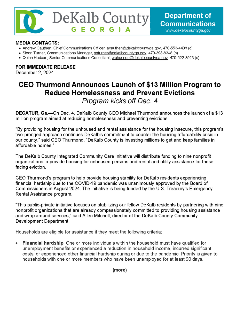 commissionersrb's tweet photo. CEO Thurmond Announces Launch of $13 Million Program to Reduce Homelessness and Prevent Evictions

For more information, call 404-371-NEED (404-371-6333), or email NEED@dekalbcountyga.gov https://t.co/n4IgMYImUG